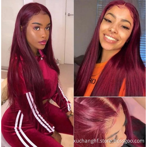 Glueless 99J Lace Front Wigs For Black Women Transparent Lace 100% Virgin Brazilian Human Hair Burgundy Red Colored Wig Vendors